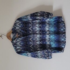 Chico's Blue Peacock Ikat Button Front Cotton Blouse Size Medium